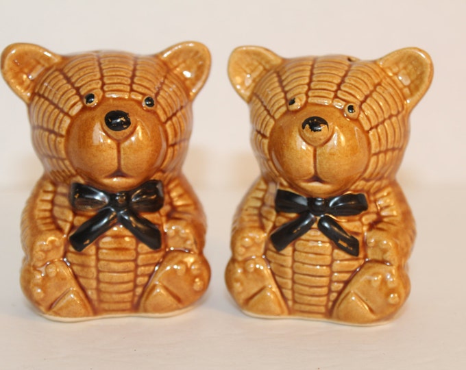 Vintage Brown Bear with a Bow Tie Salt and Pepper Shakers