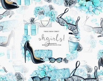 Fashion Clipart Watercolor Flowers Beauty Blog Theme Cosmetic Bridal Party Shoes Girly Sunglasses Giftbox Jewelry Lingerie Mint Black DIY