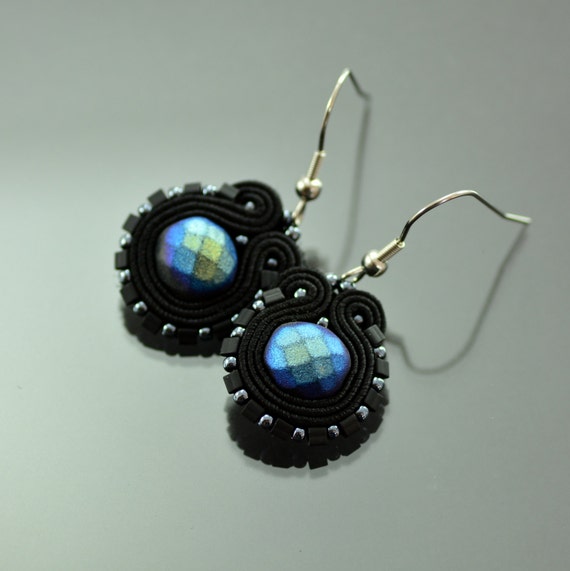 Small Blue Black Soutache Earrings Humming-bird Blue