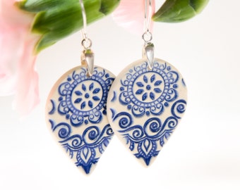 Blue dangle earrings porcelain earrings Blue and white ceramic earrings Blue white porcelain Clay earring Sterling silver blue gifts for her