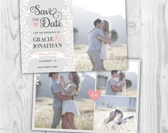save the date, save the date template, simple save the date, laurel save the date, save the date cards, laurel, grey, white, pink, blush