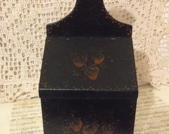 Primitive Candle Box~ Toile Painted Wall Box, Pennsylvania Dutch, Black, Hand Painted, Primitive Pipe Box, Recipe Box, Antique Match Box