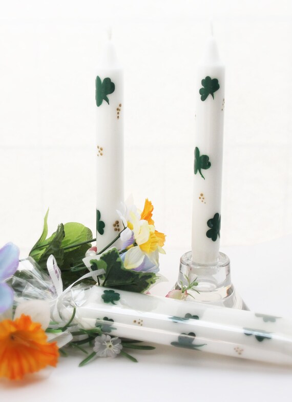 Hand Painted Taper Candles Shamrocks. St. Patrick's Day