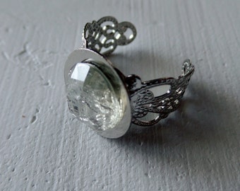White Faux Gemstone Ring with Intricate Band