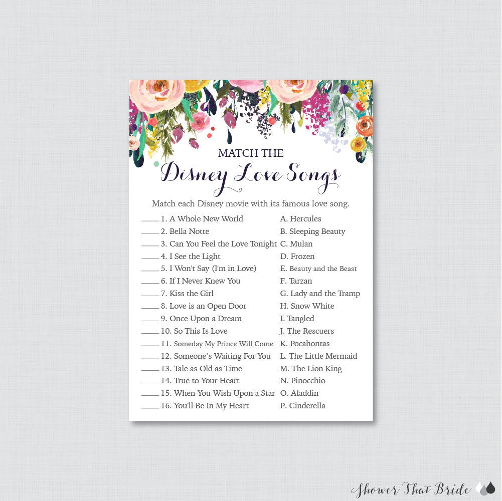 Disney Love Songs Match Game Printable Floral Bridal Shower