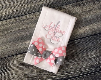 Monogrammed Baby Girl Burp Cloth, Baby Burp Clothes, PERSONALIZED Layette Burp, Custom Baby Shower Gift, Pink Grey Burp Cloth, Made to Order