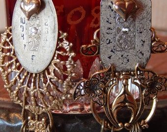 Vintage Watch Face Earrings with Gold Filigree Stampings and VIntage Pearls