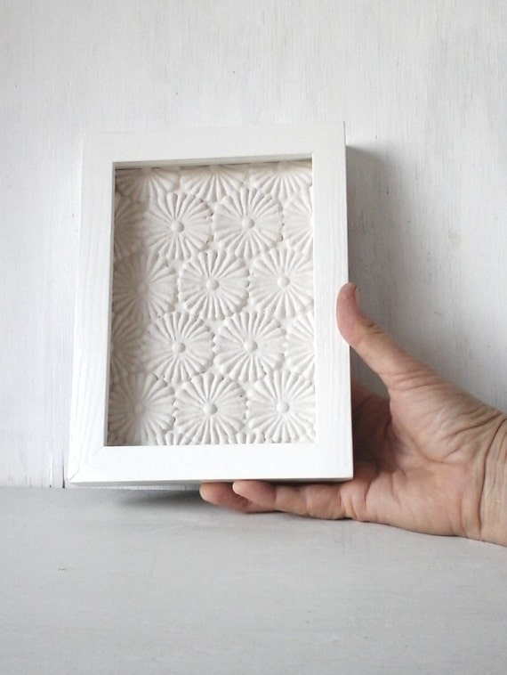 Framed white ceramic wall sculpture mosaic flower art tile