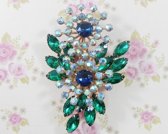 Vintage Large Beau Jewels Green Blue AB Rhinestones Flower Brooch