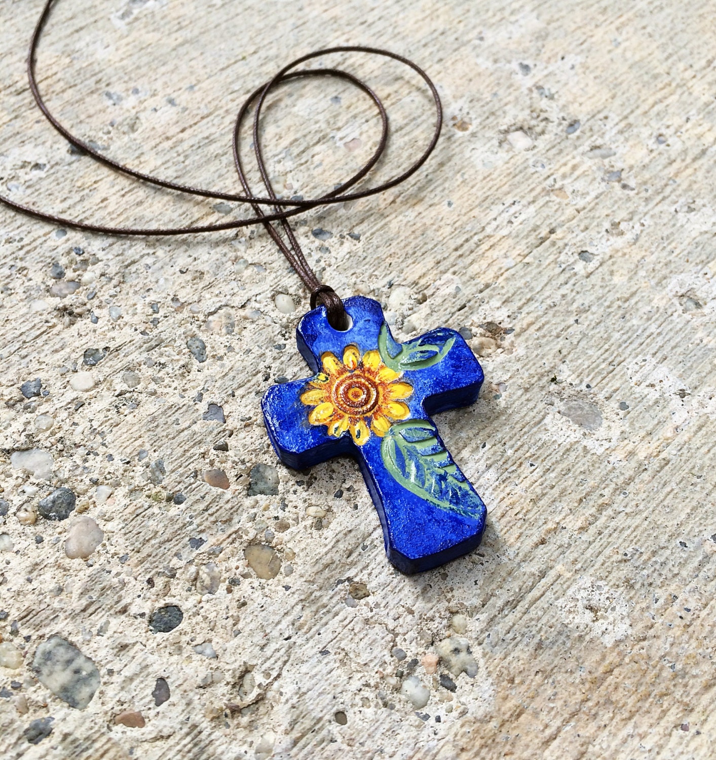 Sunflower Cross Necklace Painted Clay Cross Summer by GospelHymns