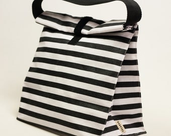 Adult lunch bag. Lunch tote. Lunch box. Striped white and black. Handles. Reusable lunch bag. Food bag.
