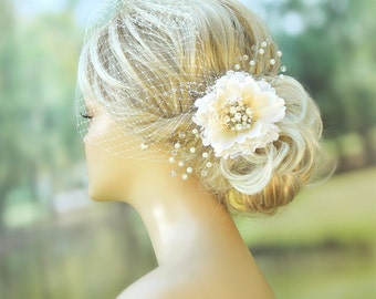 Bridal Birdcage Veil Wedding Hairstyles Bridal hair Wedding Fascinator Bridal Headpiece Hair flower clip Ivory fascinator Bridal Hairstyles