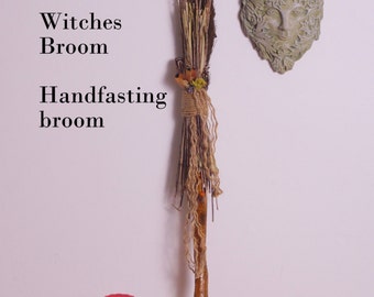 Witches broom, broom, besom, handfasting broom, magic broom, shaman stick, with feathers, charms, crystals, stones,hand made, one of a kind.