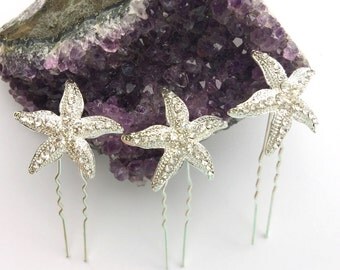 Silver Crystal Rhinestone Starfish Hair Pins Set of 3 Beach Wedding Hair Accessories