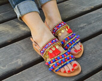 Summer Party Sandals, Beach Party shoes, Pom Pom Sandals ''Domicana'',Leather strappy sandals ,Summer shoes ,Bohemian sandals, Boho Sandals