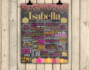 Pumpkin First Birthday Chalkboard Poster, Pink and Gold Sweet Little Pumpkin 1st Birthday Sign, Fall Halloween Confetti Gold Glitter DIGITAL