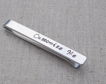 Mens personalized tie clip, customize this tie bar, gift for him, gift for men, silver skinny tie bar, groomsman gift, for dad or husband