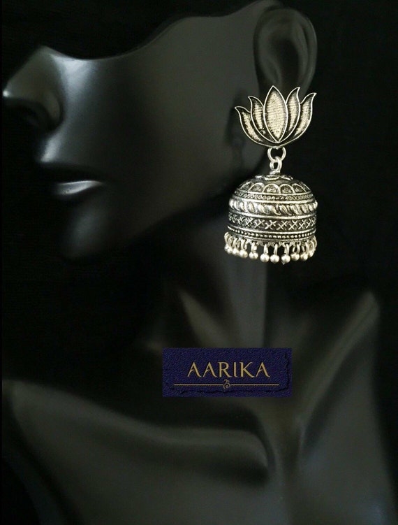 Silver Jhumkas/lotus jhumkas/oxidized metal jhumka/ jaipur