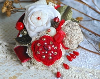 READY TO SHIP Bridal hairpin Ivory Headband HairAccessory Red Tie Skirt Christmas Hair Clip Hair Piece Floral barrette Floral bouquet Floral