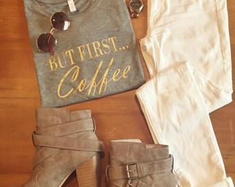 But First... Coffee Graphic Tee - Women's Slouchy Off Shoulder T Shirt - Crew Neck, Short Sleeve, Grey - Flowy, Boho, Casual Graphic Tee