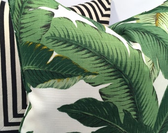 Tropical Palm Leaf Pillow Cover in Rich Greens with Hits of Yellow and Brown, on an Ivory Background