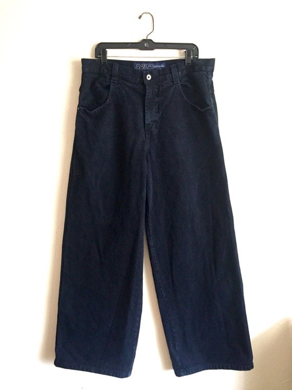 90s Vintage SOLO Baggy Jeans 34 x 34 Dark Denim Super Wide Leg