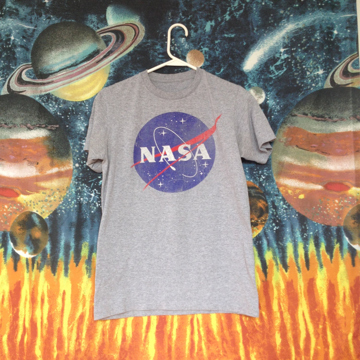 Vintage NASA T Shirt Grey Tshirt with old NASA Red and Blue