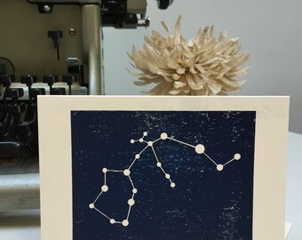 Aquarius Star Sign Zodiac Horoscope Constellation Card. Birthday Greeting Card. Woodblock hand printed. Midnight Blue.