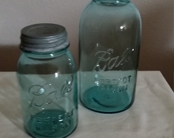 Two Ball Perfect Mason Jars - Blue with zinc lids - 1923 thru 1933