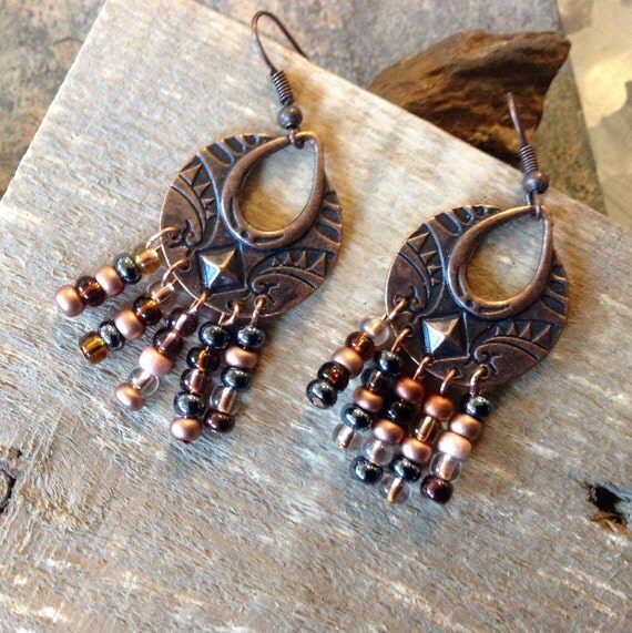 Copper chandelier earrings with earthy tones by CrowsFeetStudio