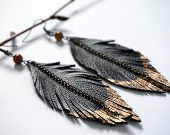 Black Leather Feather Earrings - Rustic Leather Earrings - Large Leather Earrings - Feather Earrings - Leather Earrings - Recycled Earrings