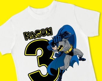 Batman Birthday Tee. Super Hero Birthday T-Shirt. Personalized with Name Age or Number (15064)
