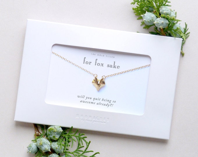 For Fox Sake | Fox Head Pendant Gold Filled Chain Funny Pun Humor Birthday Cheer Up Encouragement Gift Friend Sister Quote Poem Message Card