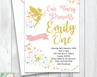 Twinkle Stars Fairy Princess Birthday Invitation, Pink and Gold Glitter, Sparkly Card, Girls' Birthday Invitation, Printable Card, Ecard