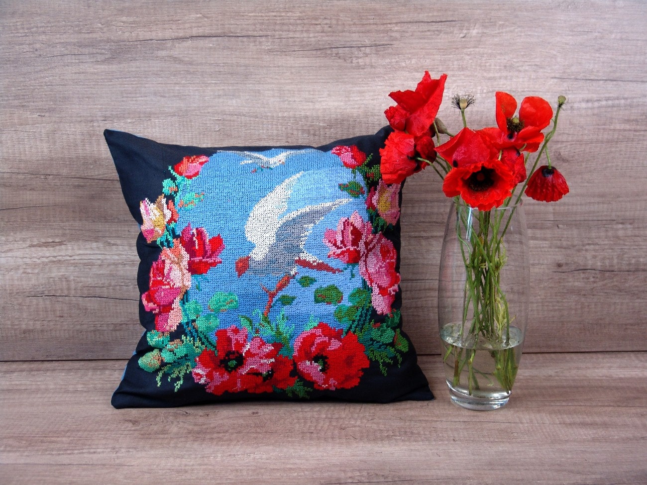 Black boho pillow bird decor cross stitch pillow cover