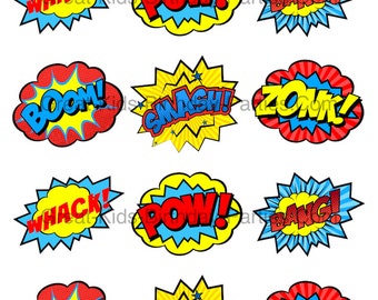 SUPERHERO STICKERS, Superhero CLIPART, Superhero Printables, Superhero Party, Superhero Decorations, Superhero Word Bubbles