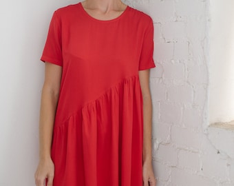 Red dress Women's red dress Asymmetric dress Summer dress Scarlet red dress Short sleeve dress Midi dress Light dress Women's tunic