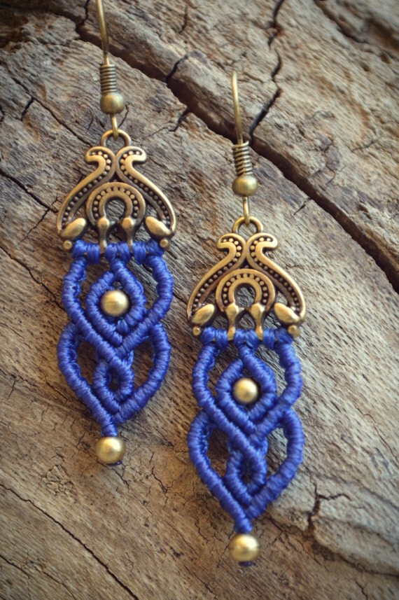 Macrame earrings with metal component brass beads and blue