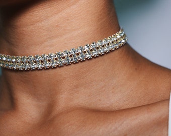 Thin Diamond Choker Necklace 2 Row Gold
