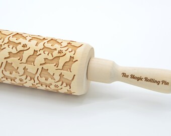 Cats pattern Engraved rolling pin Animal Embossed Rolling Pin Christmas gift Housewarming gift, Pets cookies, Rolling pin for kids birthday