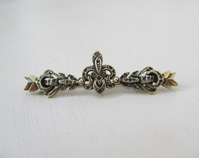 Antique bar brooch, French Fleur de Lys bar brooch, Fleur de Lis tie pin, 925 sterling silver mens accessory, gift for him or her