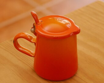 Enamel coffee pot, orange coffee pot, vintage enamelware, orange enamelware, French coffee pot, enamel milk jug, graniteware, vintage coffee