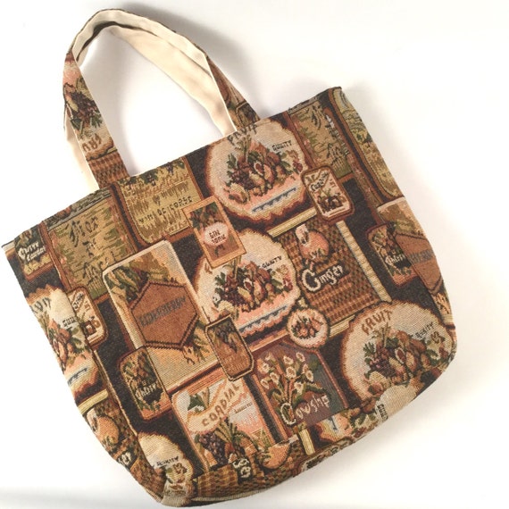 Vintage Tapestry Fabric Tote Bag in Neutral Earth Tone Colors