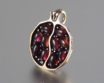 Small JUICY POMEGRANATE garnet bronze & silver pendant - Ready to ship