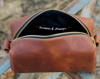 Whiskey Leather Toiletry Bag Travel Shaving Dopp Kit with Free Monogram and Optional Interior Message Gift for Man Groomsmen Groom Wedding