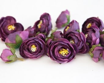15 Small Mini Ranunculus in Purple - silk artificial flower, millinery flower - ITEM 0127