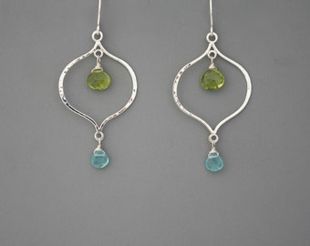 Sterling silver lotus and gemstone handmade earrings, peridot and apatite, Rachel Wilder Handmade Jewelry