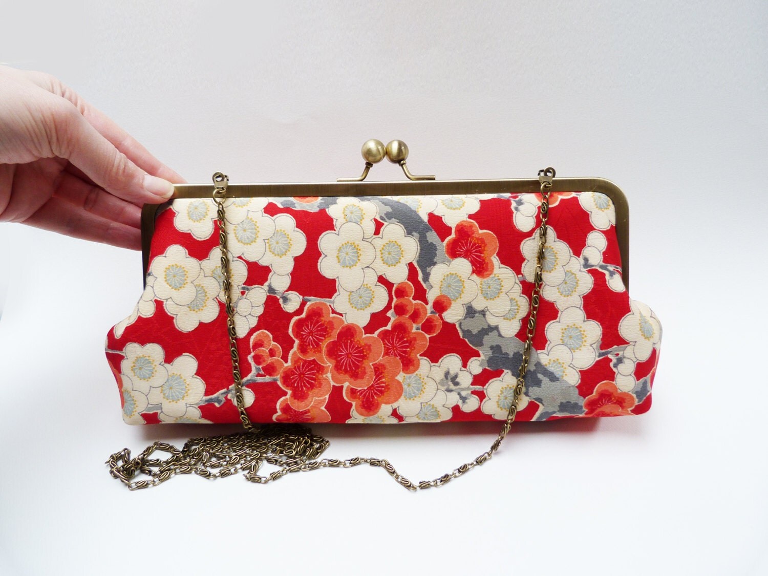 Clutch bag red blossom vintage Japanese kimono fabric