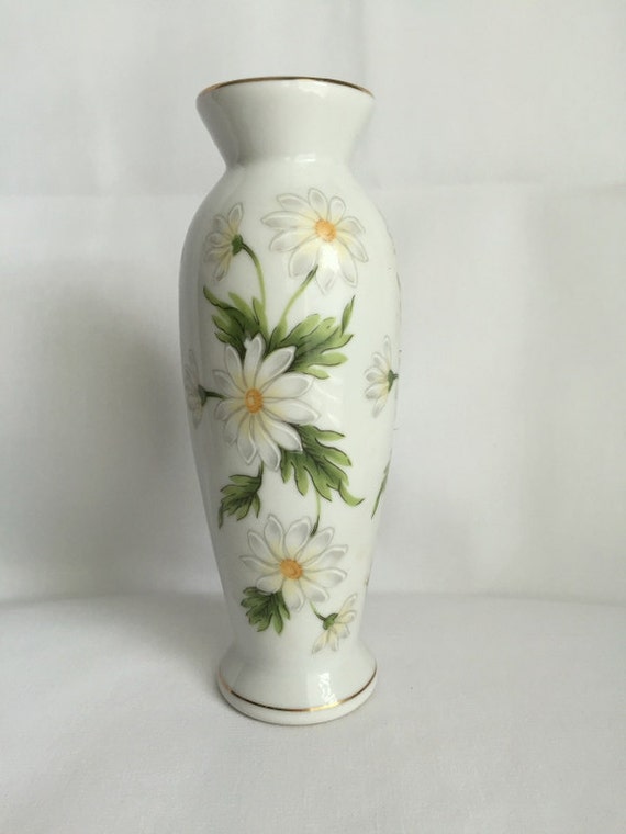 Vintage White Porcelain Vase with Painted Daisies Lefton