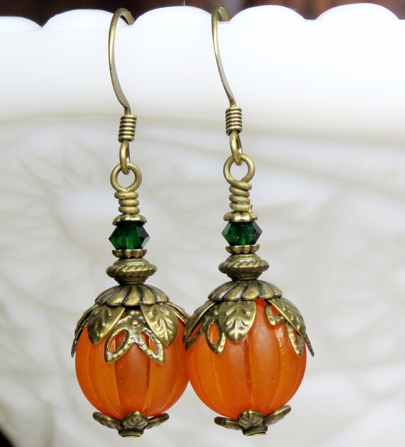 Items similar to Pumpkin Earrings, Halloween Jewelry, Orange Lucite